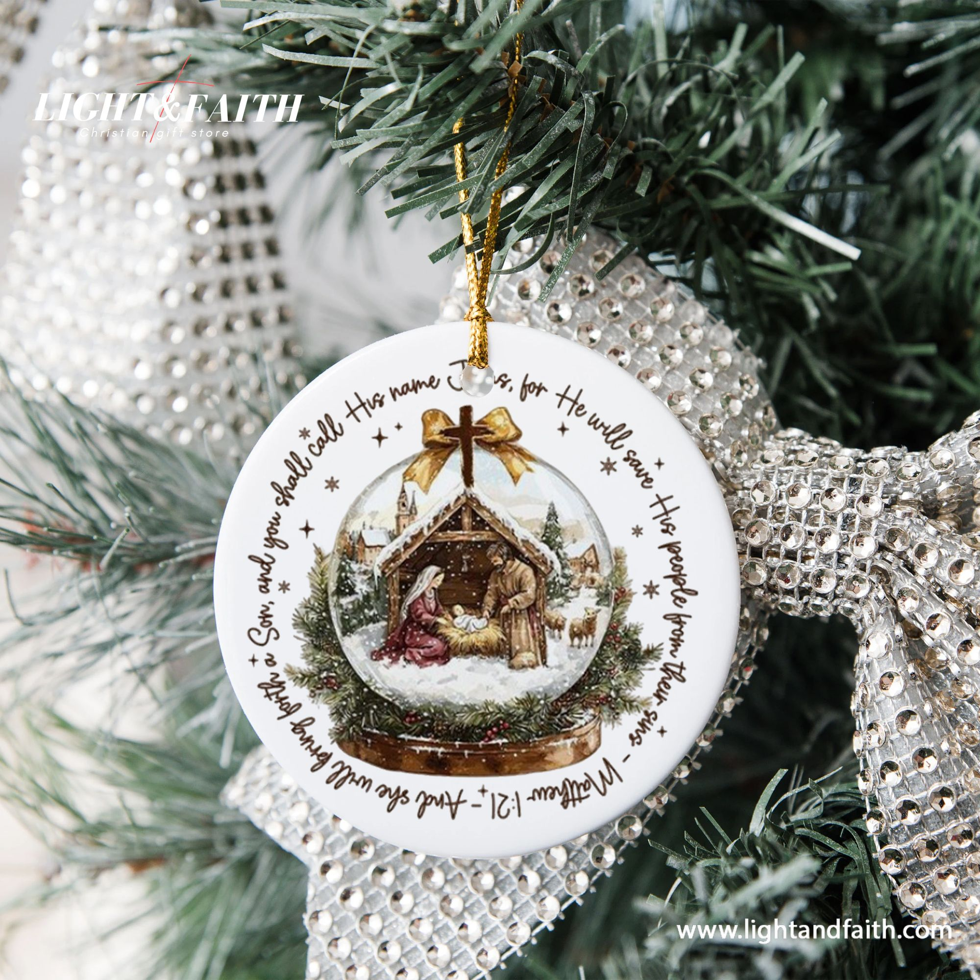 Nativity Scene Christmas Ornament, Christian Holiday Decoration, Matthew 1:21 Bible Verse Ornament, Religious Xmas Tree Decor DCLAF29